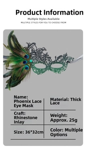 Detail view of lace masquerade mask with peacock feathers, emerald stones, and dimensions