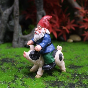 Funny garden gnome riding a spotted pig resin statue for creative outdoor micro landscape