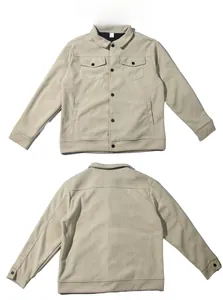 Front and back view of a beige corduroy jacket with metal buttons and chest pockets