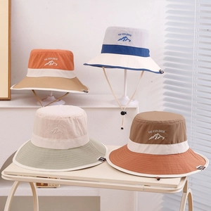Outdoor quick-dry bucket hat for kids with adjustable windproof cord and explorer embroidery