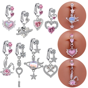 Clip On Belly Ring Non Piercing Navel Ring For Women Copper Zirconia Star Moon Heart Bunny Butterfly Planet Silver Pink Fake Body Jewelry