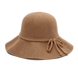 Khaki breathable knitted sun hat with bow decoration and wide brim for summer