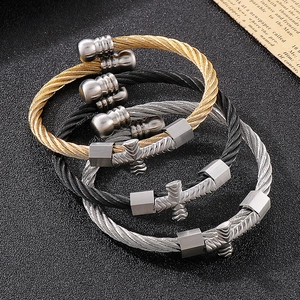 Three-piece stainless steel wire cable cuff bracelets with cross charms in gold black silver