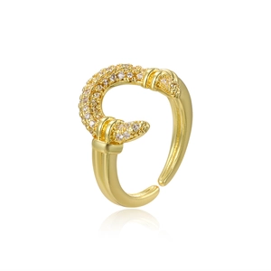 Elegant gold crescent moon open ring with sparkling cubic zirconia on white background