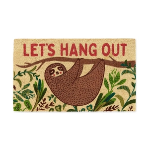 Detail of coir door mat with cute sloth illustration and 'LET'S HANG OUT' text