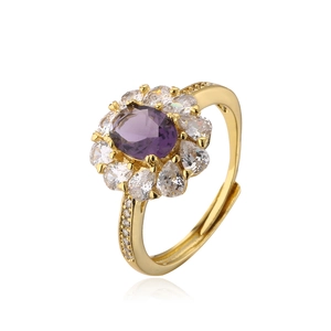 Elegant 18K gold plated ring featuring a purple oval zircon in a floral halo setting