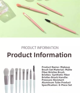 Detailed macro view of 8-piece pink makeup brush set with soft white fiber bristles