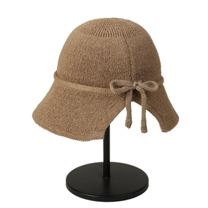 Breathable camel knit sun hat for women featuring a stylish back slit and bow decoration