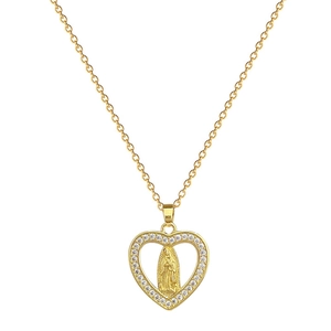 Luxurious gold titanium necklace with sparkling crystal heart and religious figure pendant