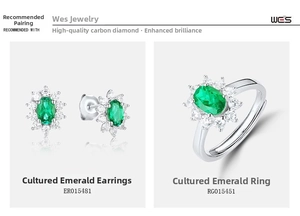 Macro detail of lab-grown emerald earrings and ring set with sparkling side stones