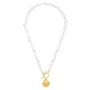 Natural shell and white gravel stone necklace with golden toggle clasp and pendant