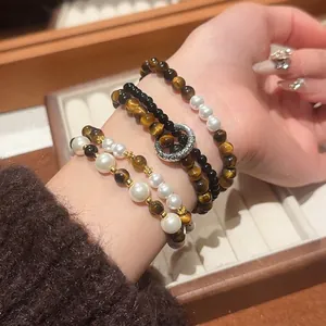Retro Tiger Eye Stone Beaded Bracelet With Imitation Artificial Pearl Alloy Spacers For Women Light Luxury Vintage Style