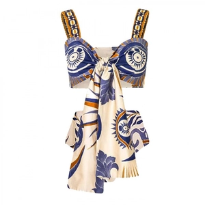 Ethnic print bikini set in beige with blue botanical patterns and front bow detail