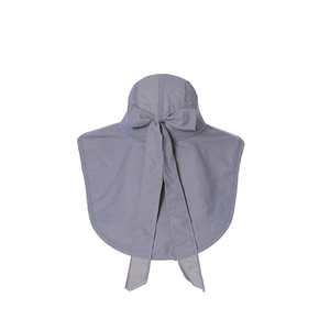 Detail view of grey sun hat with wide brim, neck flap and decorative bow knot