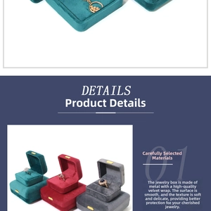 Detail view of velvet jewelry boxes for rings and pendants in three premium colors
