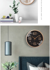 Detail of 12-inch wall clock with rose gold frame and modern 3D numerals in two colors
