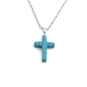 Silver twist chain necklace with turquoise style cross pendant for women on white background
