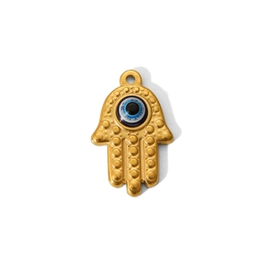 Detail of golden Hamsa Hand pendant with textured surface and blue evil eye stone