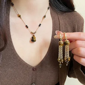 Tiger eye stone jewelry set with gourd pendant necklace and tassel earrings for women
