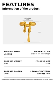 Size chart showing golden stainless steel lava ring inner diameter 1.7cm and 2.5g weight