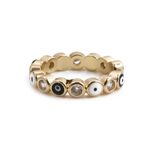 Gold plated evil eye open ring with blue enamel and white zircon crystal accents