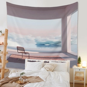 Detail of bohemian tapestry featuring a surreal purple chair over clouds on bedroom wall