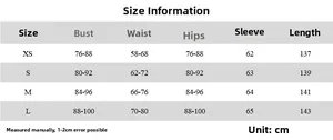 Detailed size chart for slim fit long sleeve jumpsuit with measurements in centimeters