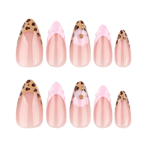 French leopard print stiletto press-on nails with 3D pink bows and gold flower charms
