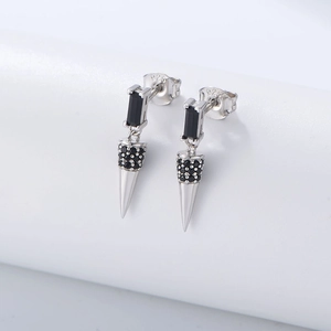S925 silver cone drop earrings featuring black cubic zirconia in punk hip-hop style