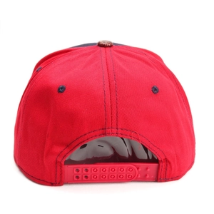 Classic red and blue snapback baseball cap with adjustable strap shown from the back view