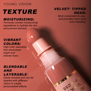 Moisturizing liquid lip gloss with velvet-tipped applicator for vibrant coral finish