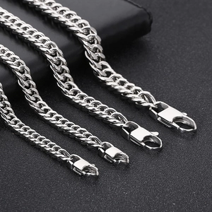 Detail showing four different thicknesses of stainless steel curb chains with lobster clasps