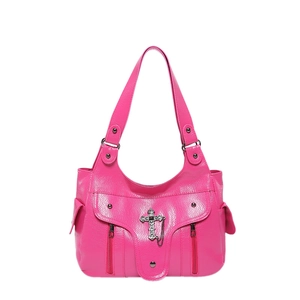 Rosafarbene PU-Schultertasche mit Litschi-Struktur, Kreuzanhänger und Metallreißverschluss