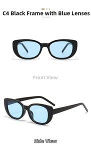 Close-up of retro cat-eye sunglasses with black frames and light blue lenses in C4 color