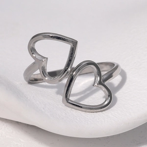 Adjustable silver stainless steel ring with elegant polished double heart design