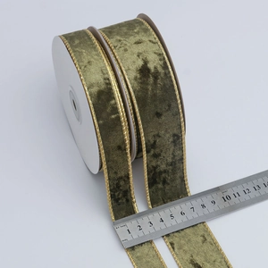3.8cm olive green velvet ribbon with gold edges roll for Christmas gift wrapping