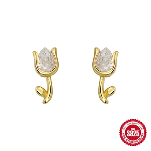 Tulip Flower Stud Earrings With 925 Sterling Silver Earring Post Gold Plated Elegant Zircon Jewelry For Women