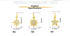 Detailed sizes for 18K gold star pendants with zircons in various geometric shapes