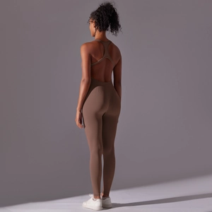 Detailed back view of a seamless backless yoga jumpsuit in dark khaki knit fabric