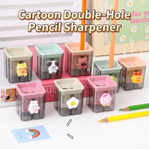 Cartoon dual-hole pencil sharpener in pastel colors with cute animal characters