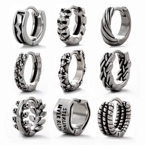 Detailed grid showing nine silver stainless steel hoop earrings with skull and leaf motifs