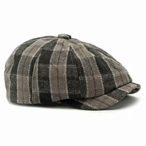 Classic British grey plaid newsboy cap with octagonal structure and short brim