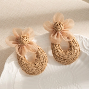 Detailed shot of handmade woven raffia earrings with mesh flowers on a ceramic plate
