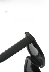 Detail view of lightweight elastic hinges on black square frame glossy sunglasses