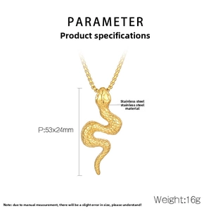 Detailed view of gold stainless steel snake pendant with 53x24mm size measurements