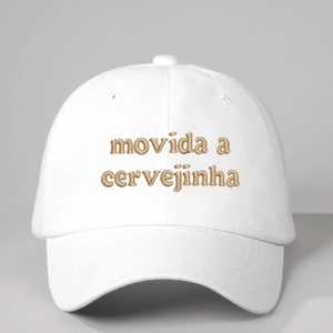 White cotton baseball cap featuring brown Movida a Cervejinha embroidery for daily wear