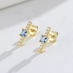 S925 sterling silver gold plated square blue zircon stud earrings with white accent stones