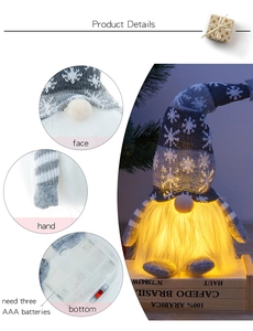 Detail showing the LED glowing beard, knit hat, and battery compartment of the gnome