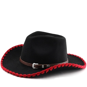 Chapeau De Cow-Boy Western Large Bord Feutre Polyester Style Ethnique Vintage Avec Bande En Similicuir Et Boucle Métal