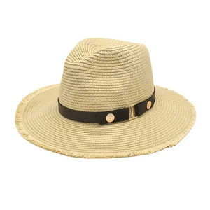 Fedora Straw Hat With Frayed Edge Leather Band Metal Buckle Sun Protection Breathable Summer Beach Jazz Panama Style